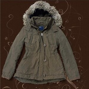 American Eagle Outfitters Olive Green Faux-Fur Hood Jacket | bella swan twilight